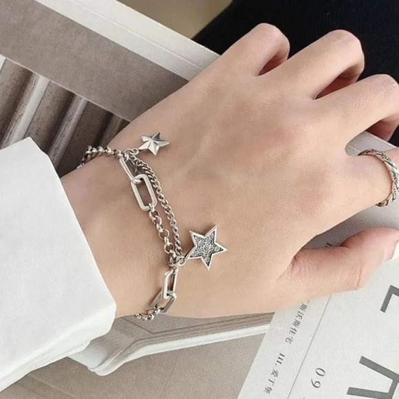 925 Sterling Silver Star Chain Link Bracelet - Picture 1 of 6